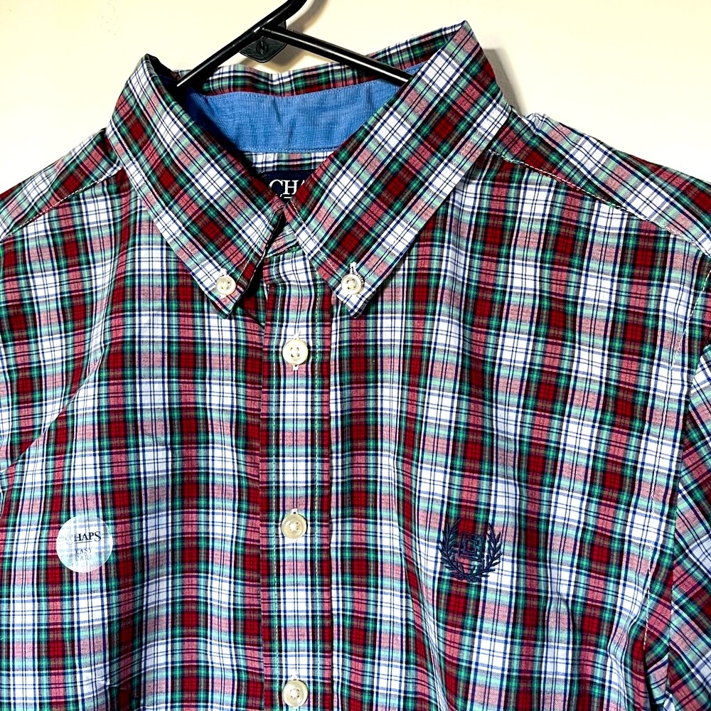 CHAPS Red Green Plaid Tartan Formal Long Sleeve Botton Down Shirt Boys Sz 14